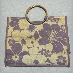 Vintage Woven Jute Tote-Bamboo Circle Double Handles-Beige/Lavender